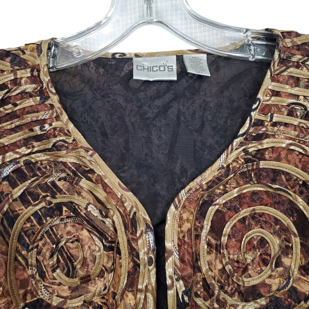 Chicos 3 Sz XL Jacket Abstract Swirl Patterned Open Front Nylon Silk Earth Tones - Picture 4 of 10